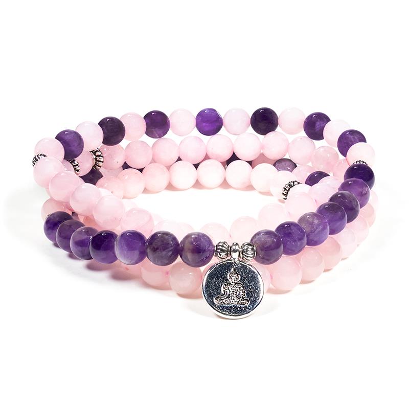 Mala Rosenquarz/Amethyst Armband elastisch mit Buddha