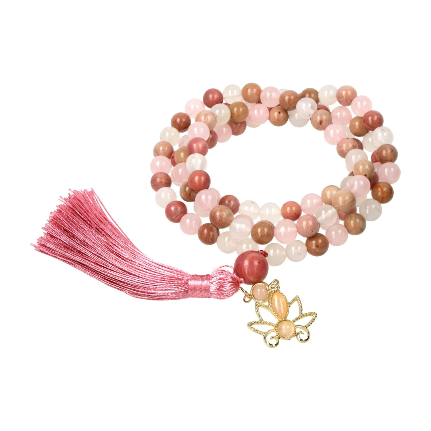 Mala Lotus mit Rhodonit, Rosenquarz und weißem Achat