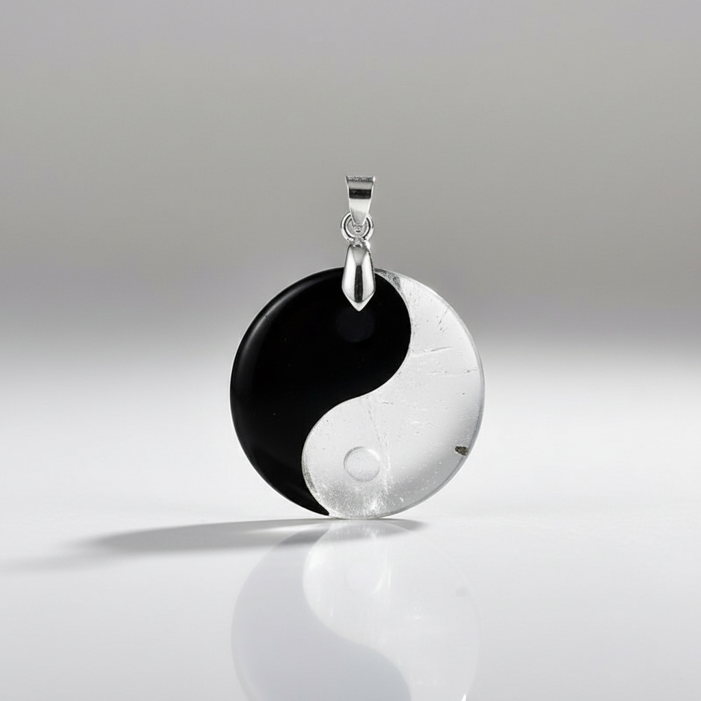 Yin Yang Anhänger aus Obsidian und Bergkristall
