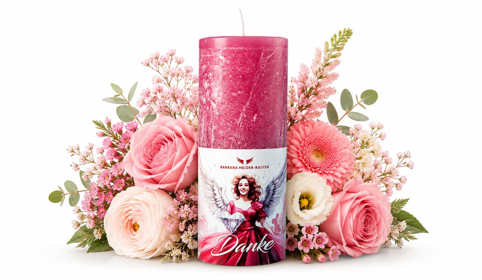 Seelenblütenkerze Danke von Barbara Heider-Rauter mit rosa Blüten auf weißem Hintergrund