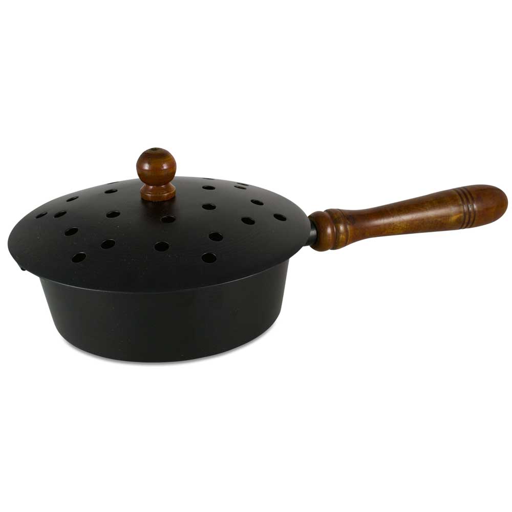 Schwarze Räucherpfanne mit Holzgriff und Deckel
