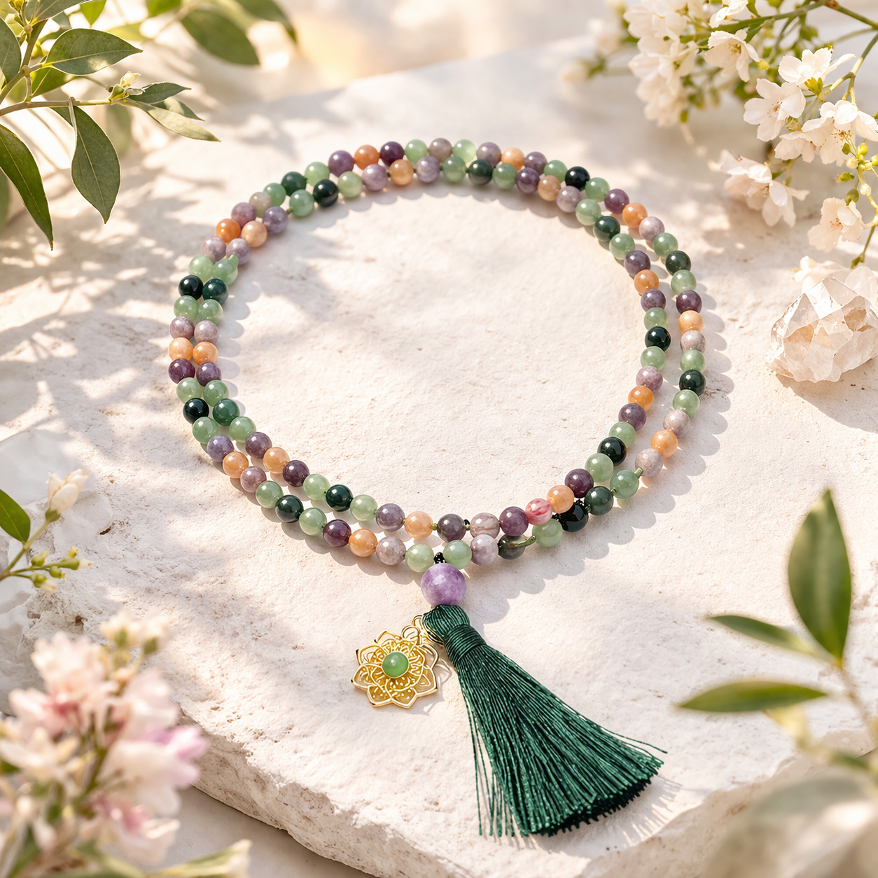 Mala Moosachat, grüner Aventurin, Lepidolith, Sonnenstein und Mandala Anhänger
