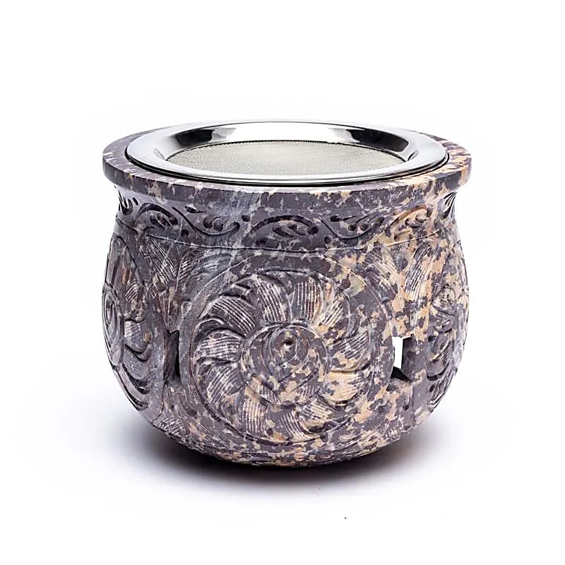 Räuchergefäß und Duftlampe aus Speckstein mit Sieb und Schale