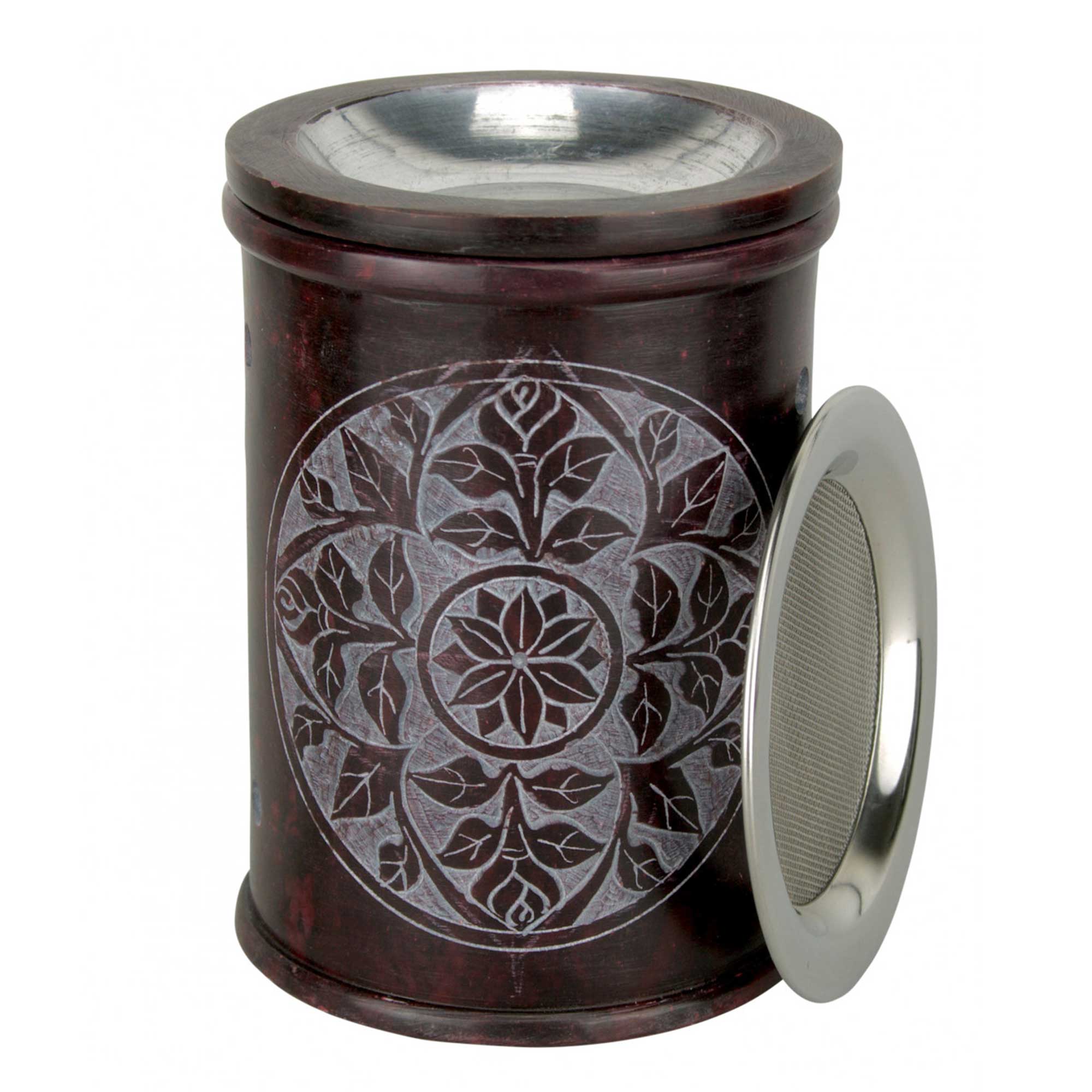 Räucherstövchen „Mandala“ aus weinrotem Speckstein mit Sieb und Schale