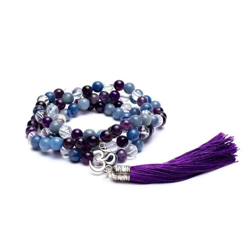 Mala Amethyst, Aventurin, Bergkristall und OM Anhänger