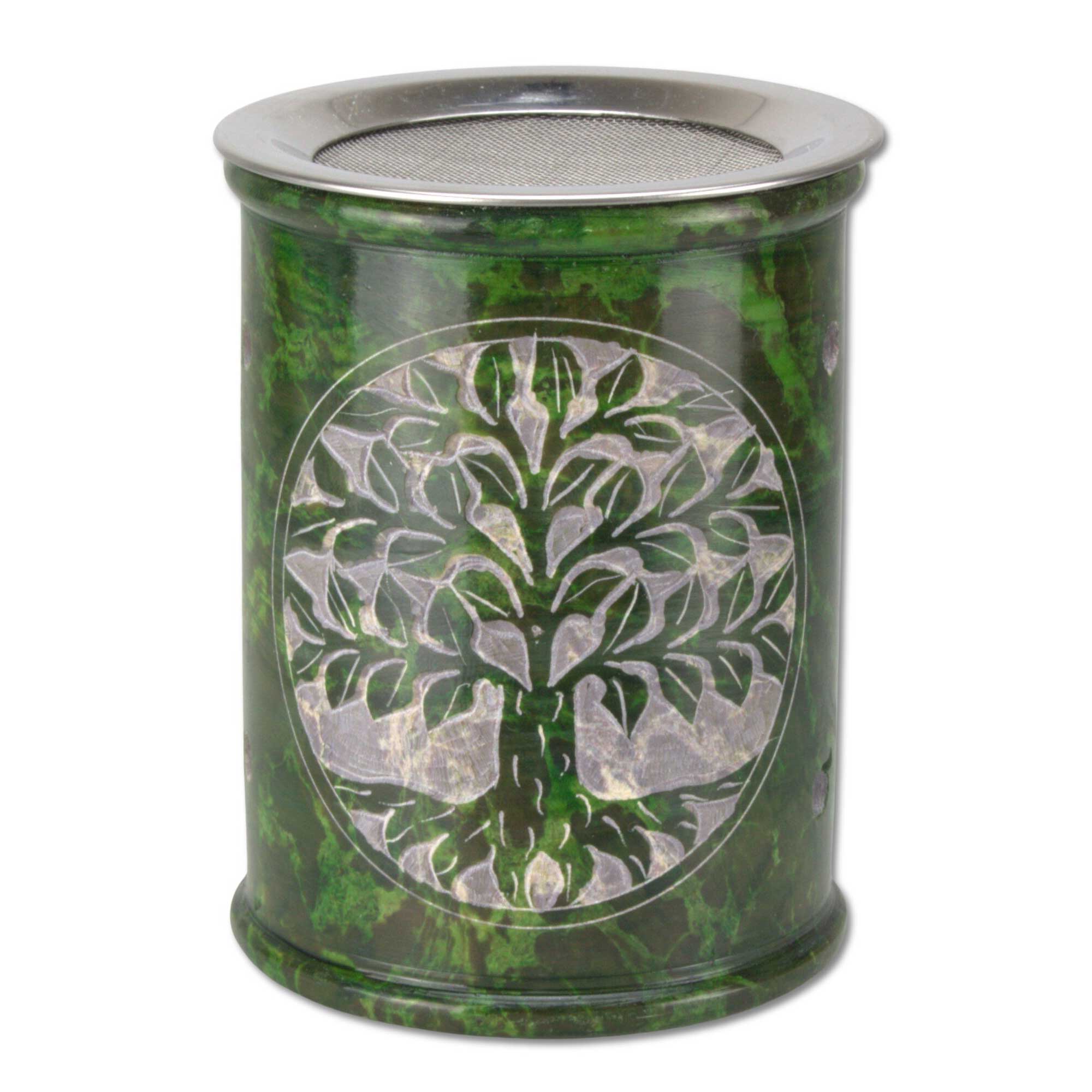 Grünes Speckstein-Räucherstövchen „Waldzeit“ mit Baummotiv
