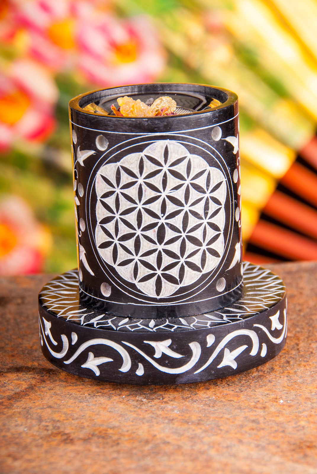 Blume des Lebens Stövchen zum Räuchern, Schwarz