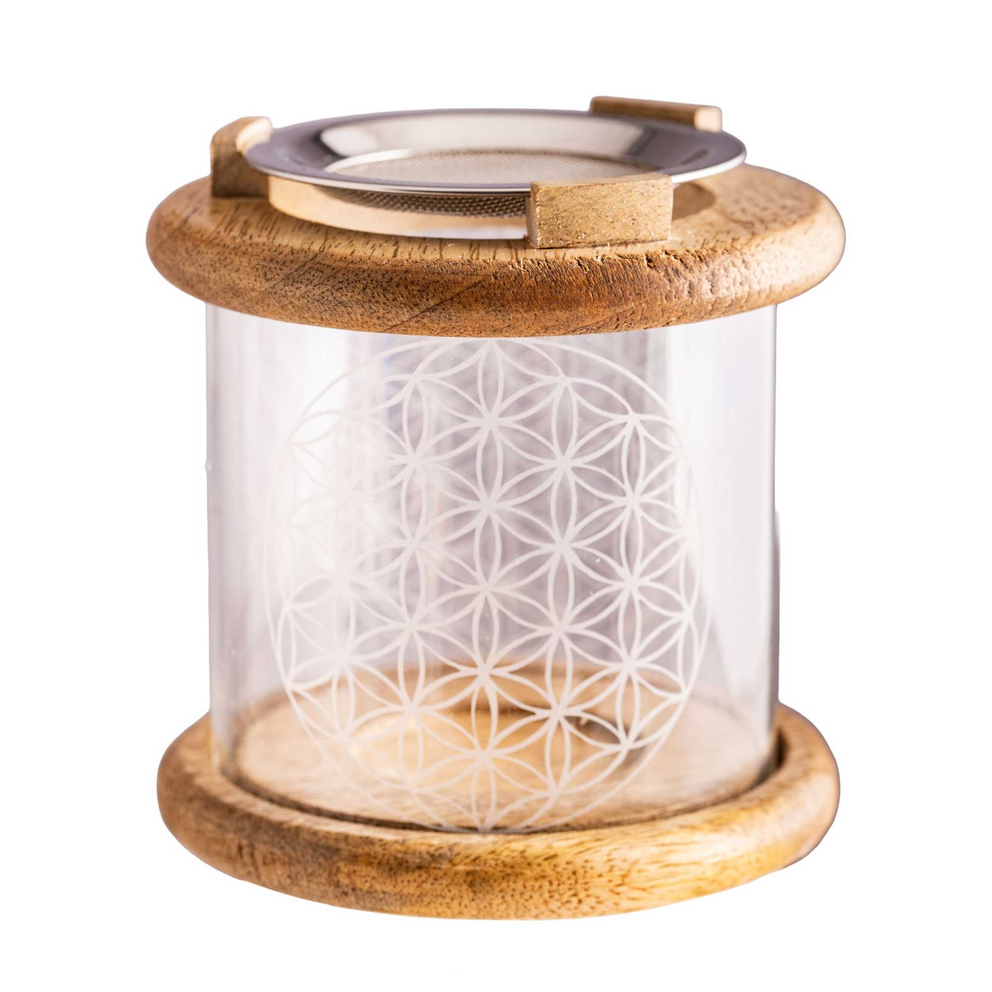 Siebräuchergefäß „Blume des Lebens“ aus Glas und Holz