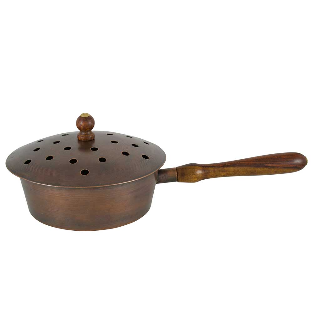 Kupferfarbene Räucherpfanne mit Holzgriff und Deckel