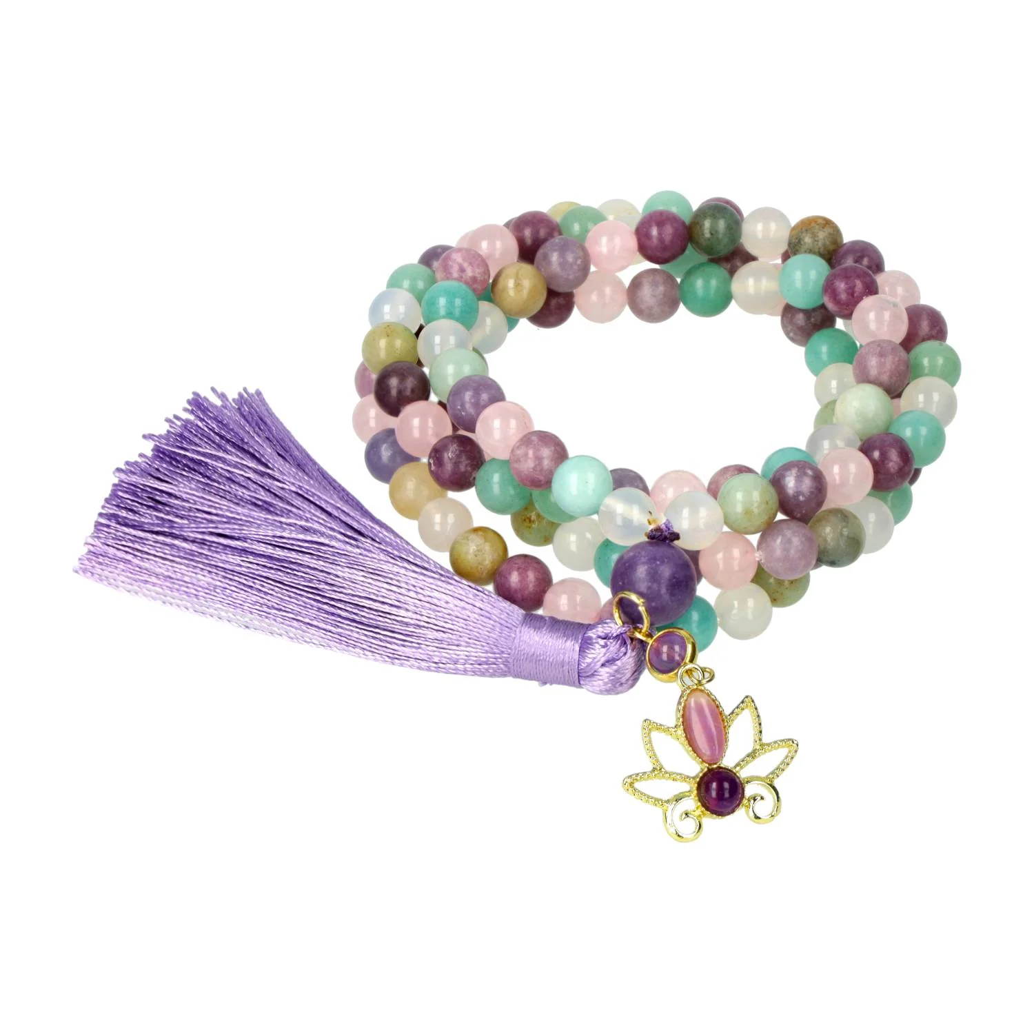 Mala Lotus mit Lepidolith, Amazonit, weißem Achat und Rosenquarz