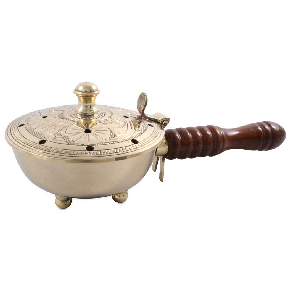 Räucherpfanne aus Messing mit Holzgriff und Klappdeckel