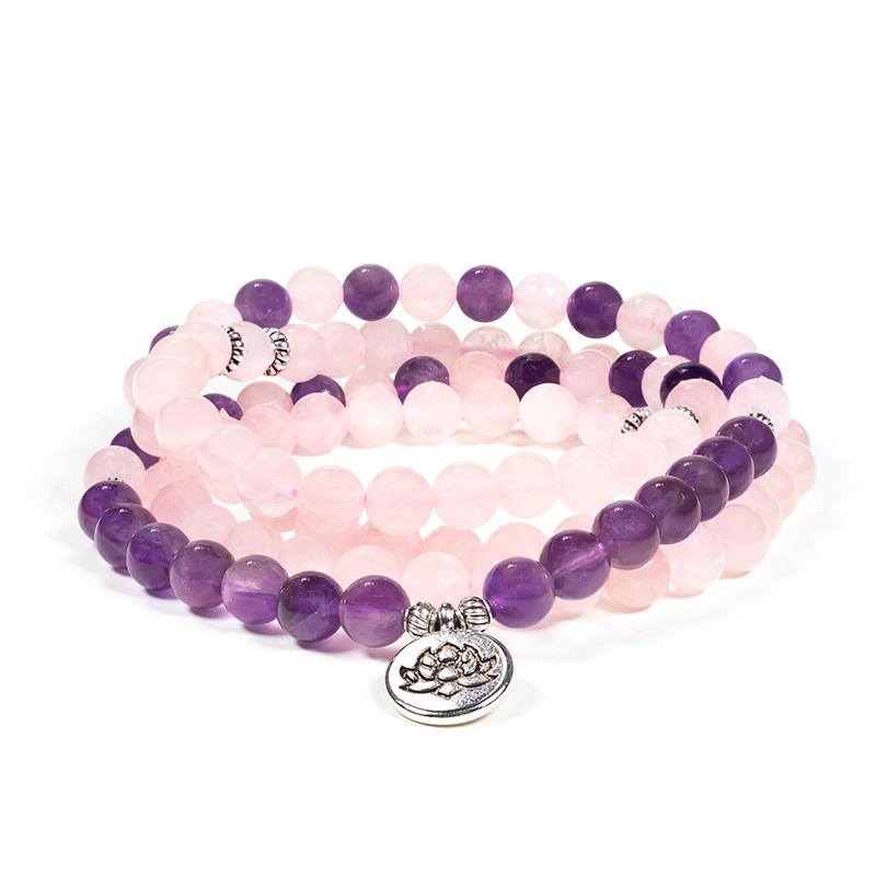 Mala Rosenquarz/Amethyst Armband elastisch mit Lotus