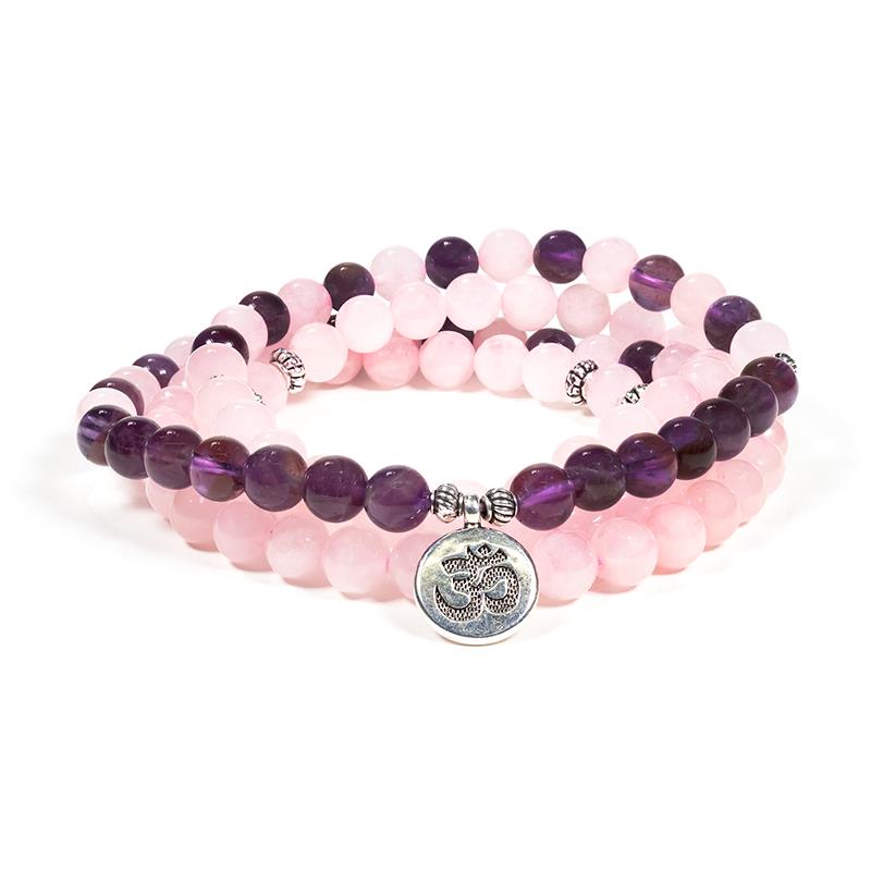 Mala Rosenquarz/Amethyst Armband elastisch mit Ohm