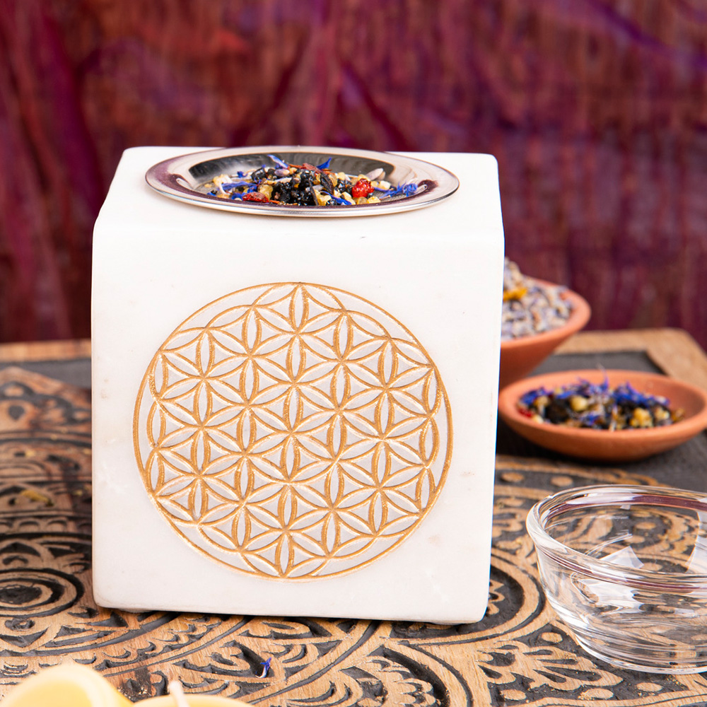 Aromalampe "Lebensblume" mit Sieb quadratisch Marmor 2 in 1 Gefäß