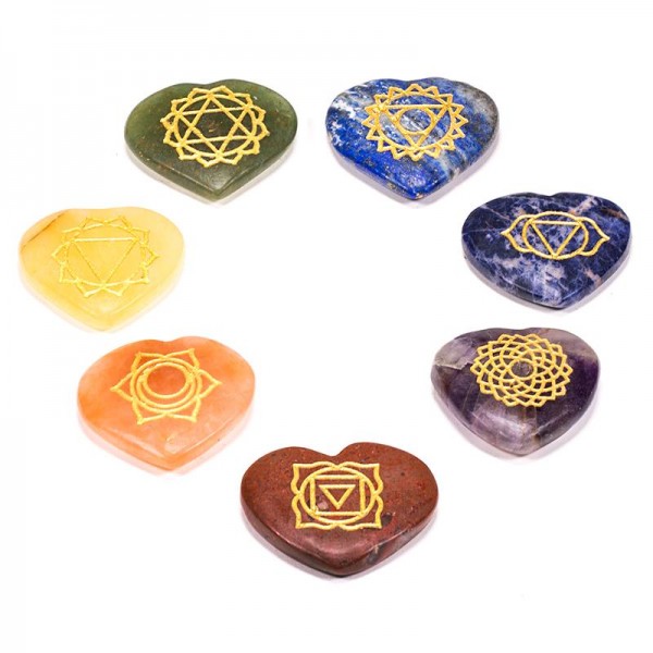 Edelstein SET mit 7 Chakra Symbolsteinen (Herz)