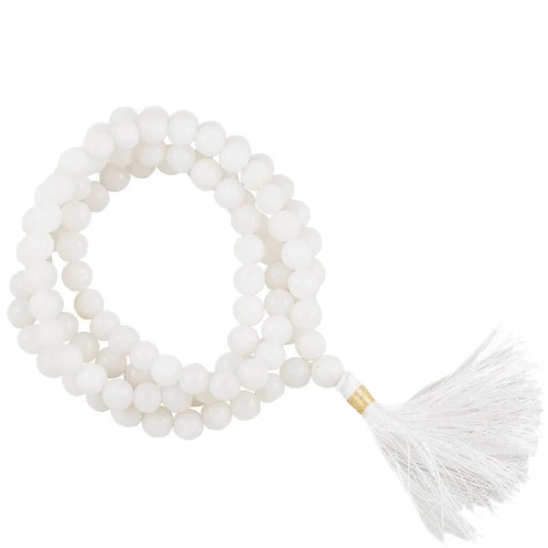 Mala weißer Achat 108 Perlen + Tasche